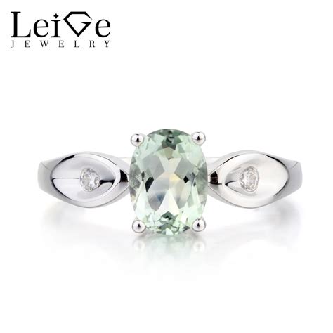 Leige Jewelry Real Natural Green Amethyst Ring Cocktail Party Ring Oval