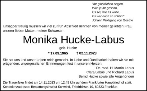 Traueranzeigen Von Monika Hucke Labus Trauer Rheinmain De