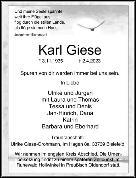 Traueranzeigen Von Karl Giese Trauer Anzeigen De