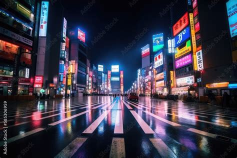 Neon night city Shibuya crossing in Tokyo, generative AI Stock Illustration | Adobe Stock