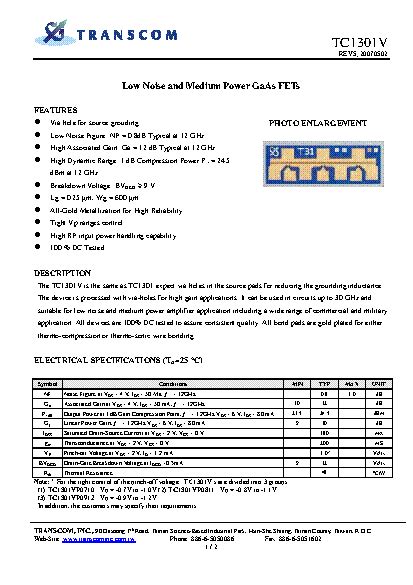 TC1301V Datasheet Super Lower Noise GaAs FETs Gallium Arsenide Field