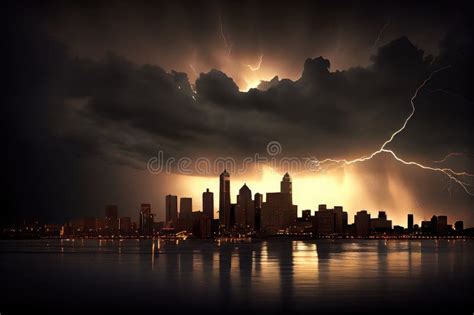 Dramatic Thunderstorm Over Sunlit City Skyline Stock Illustration