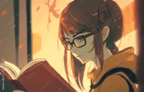 Illustration Of Happy Girl Reading A Book Japanese Anime Or Manga Style Illustration Of A