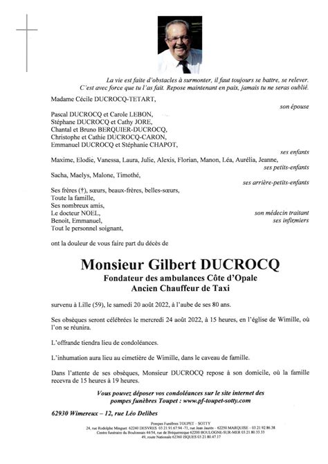 Monsieur Gilbert DUCROCQ Pompes Funèbres Toupet Sotty