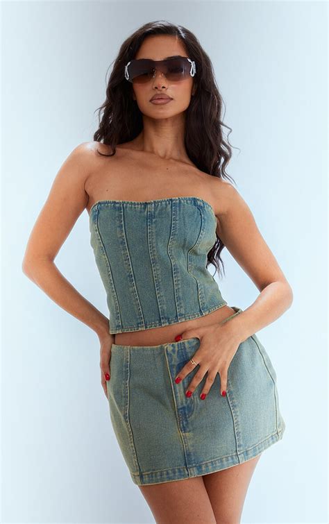 Petite Vintage Bleach Wash Bandeau Denim Corset Top Petite