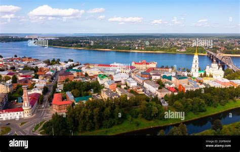 Drone View Of The City Of Rybinsk With The Bridge Over The Volga River