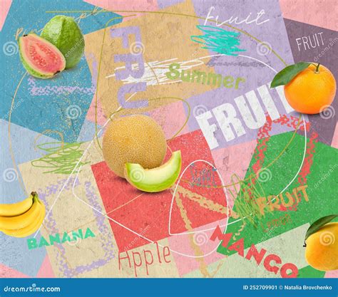 Colorful Fruit Collage Made Of Paper And Texture On A Mood Board Stock