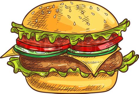 Cheeseburger fast food sketch icon. Vector fresh hamburger with sesame bun, fresh lettuce ...