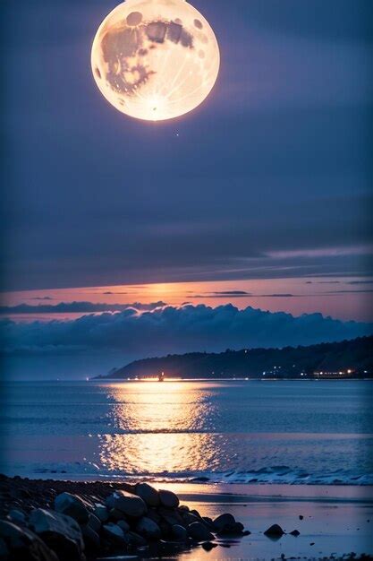 Una luna llena sobre el océano con una ciudad al fondo Foto Premium