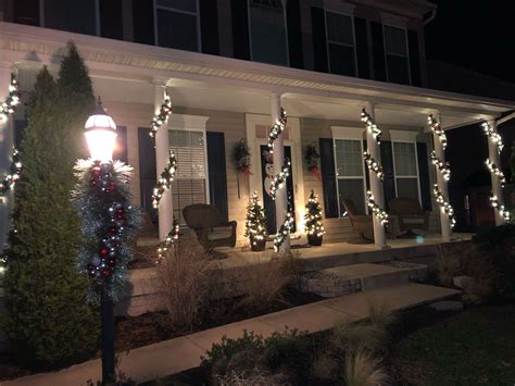 Front Porch Column Christmas Garlands With White Lights Red Silver