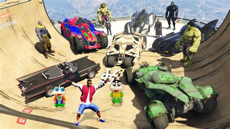 GTA 5 FRANKLIN AND AVENGERS ARMY WITH BATMOBILES ON MEGA Ramp