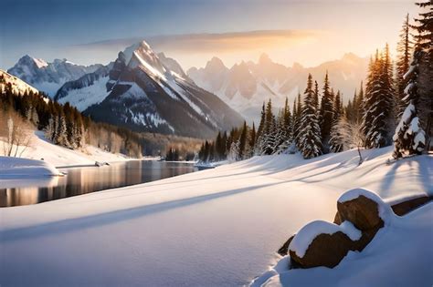 Premium Photo | A snowy landscape with mountains in the background