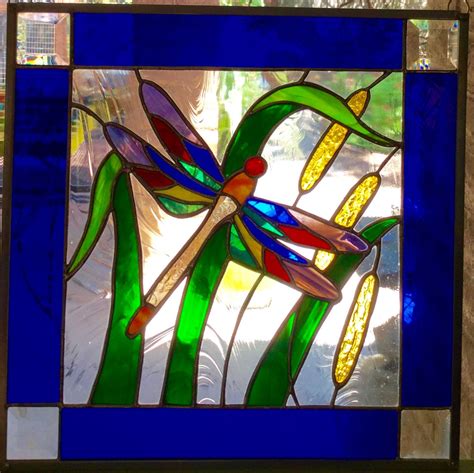 Dragonfly N Cattail Pond Stained Glass Window Panel 16x16