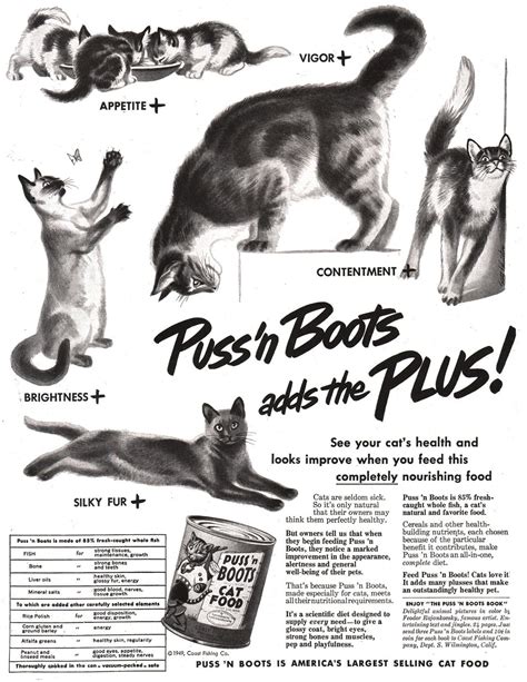 Puss N Boots Adds The Plus Puss N Boots Cat Food 1949 Rvintageads