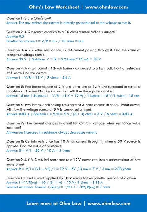 Ohms Law Worksheets Answers