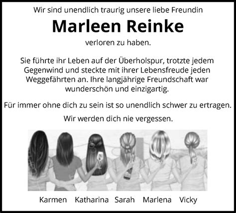 Traueranzeigen Von Marleen Reinke Trauer Kreiszeitung De