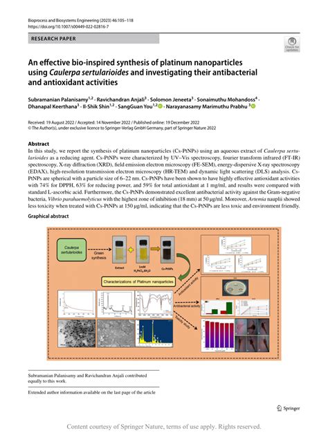 An Efective Bioinspired Synthesis Of Platinum Nanoparticles Using