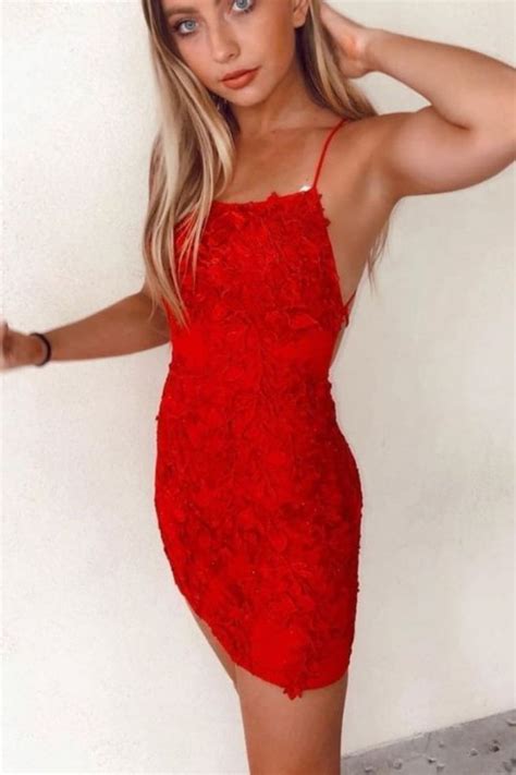 Straps Fitted Red Lace Homecoming Dress Homecoming Dresses Tight Red