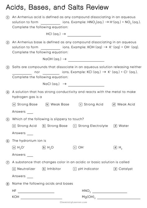 Free Printable Acids Bases And Salts Worksheets