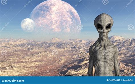 Ejemplo De Un Extranjero Gris En Un Mundo Extraterrestre Con Las Lunas En El Fondo Stock De