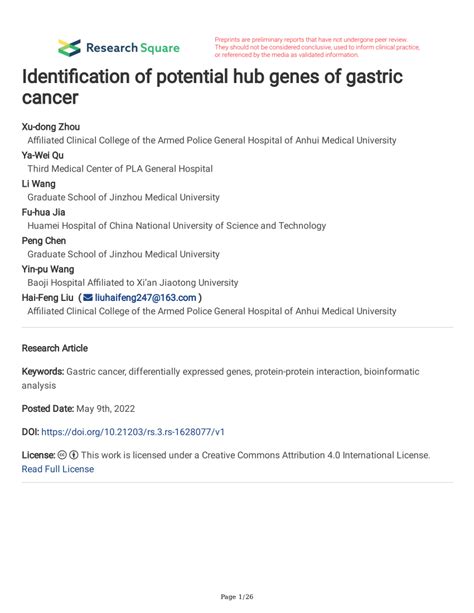 PDF Identification Of Potential Hub Genes Of Gastric Cancer