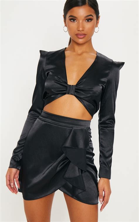 Black Satin Extreme Shoulder Top Tops Prettylittlething Aus