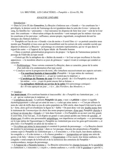 LA BRUYÈRE LES CARACTÈRES Pamphile Livre IX 50 ANALYSE LINÉAIRE