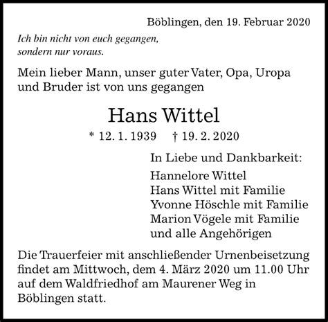 Traueranzeigen von Hans Wittel Kreiszeitung Böblinger Bote