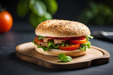 Premium Photo | A burger with lettuce, tomato, and lettuce on a wooden ...