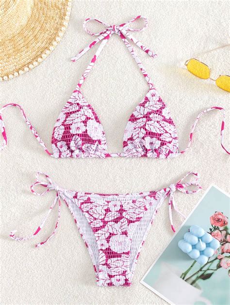Floral Print Bikini Set Smocked Halter Triangle Bra Tie Side Bottom 2 Pieces Bikini Summer