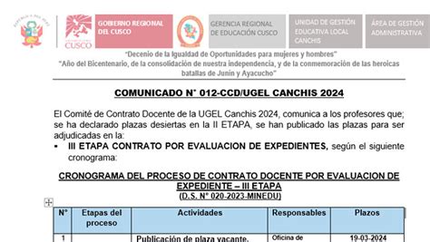 Comunicado N Cronograma Del Proceso De Contrato Docente Por