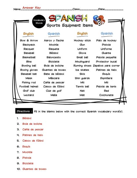 Spanish Sports Equipment Vocabulary Word List Worksheet Answer Key