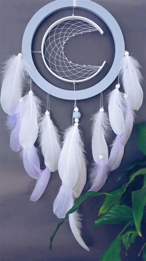 Moon Wooden Dream Catcher With White And Light Purple Feathers Dream