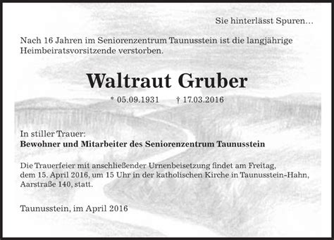 Traueranzeigen Von Waltraut Gruber Vrm Trauer De