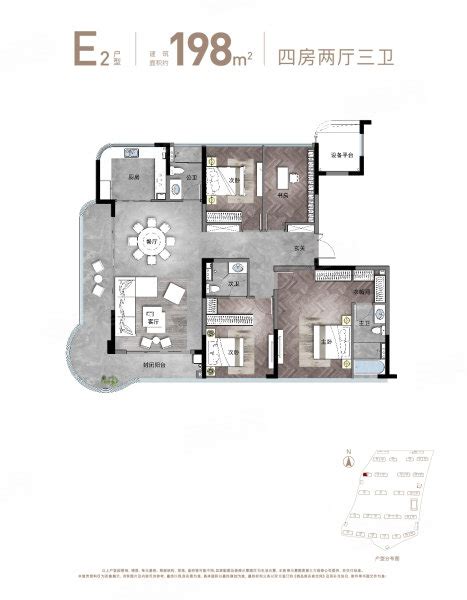 金昌香湖朗月198方e2户型，金昌香湖朗月4室2厅3卫1厨约19800平米户型图，朝南朝向 绍兴安居客