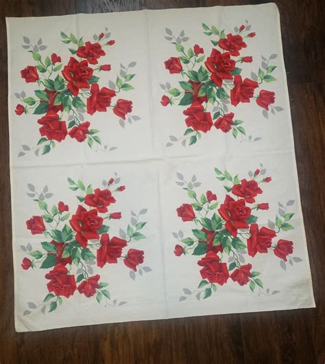 Vintage Mid Century S Wilendur Red Royal Rose Textile Tablecloth