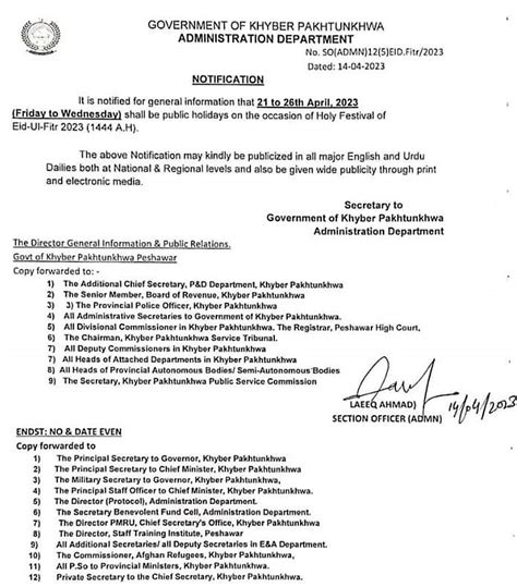 Kpk Eid Ul Fitr Holidays Notification Info Pakistan