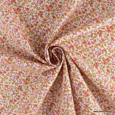 Tissu coton motifs fleurs Léonie Rose et ocre Oeko tex