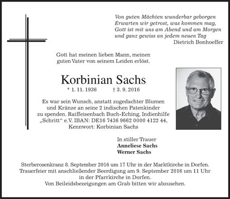 Traueranzeigen Von Korbinian Sachs Trauer Merkur De