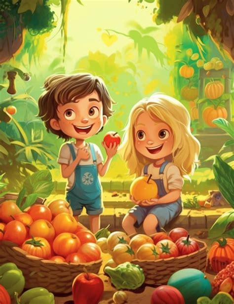 Ilustración de dibujos animados de un niño y una niña comiendo fruta en