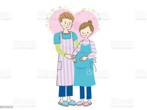 Pregnant Smiling Woman And Husband In Apron Stock Illustration