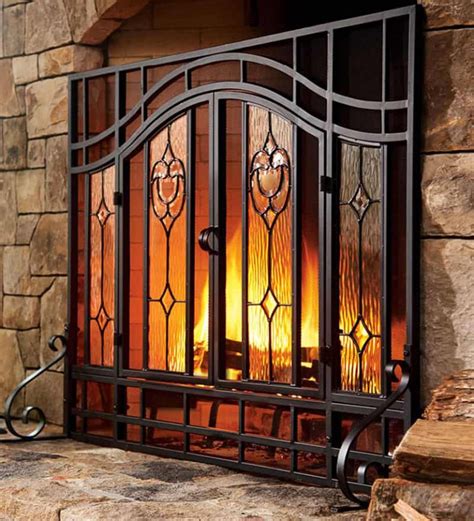 Door Large Floral Fireplace Fire Screen With Beveled Glass Panels