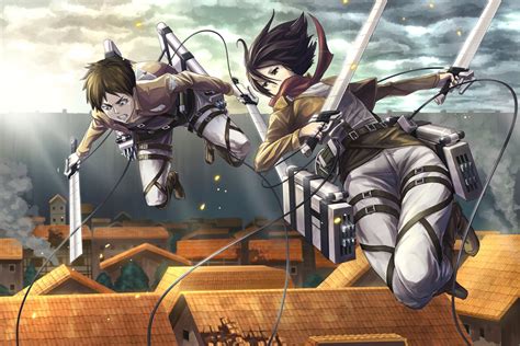 Mikasa And Eren In Action Hd Wallpaper From Attack On Titan