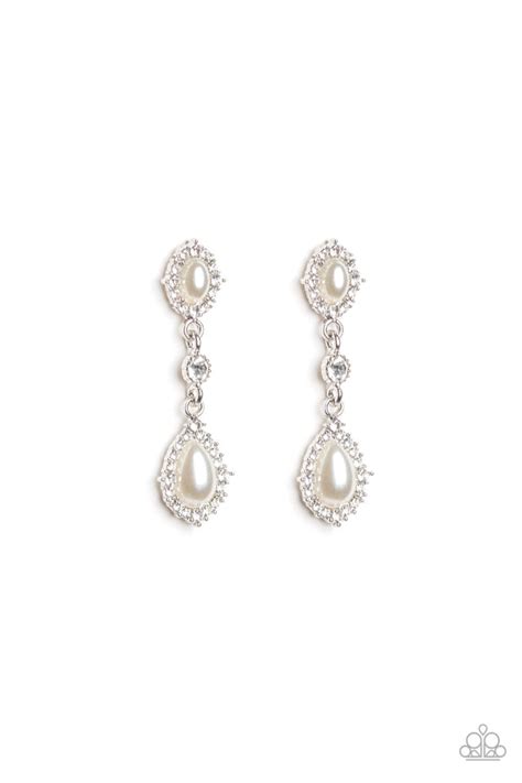 Paparazzi All Glowing White Rhinestone Silver Frame Pearl Earrings