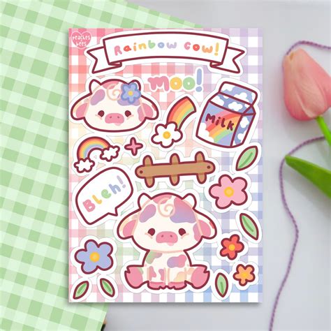 Rainbow Cow Sticker Sheetkawaii Cow Stickercute Cottagecore Etsy