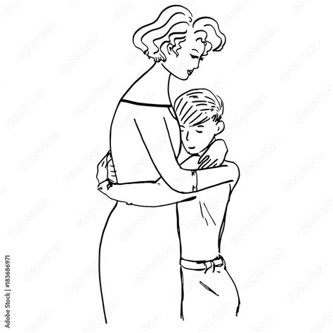 Mom Hugging Daughter In Drawing