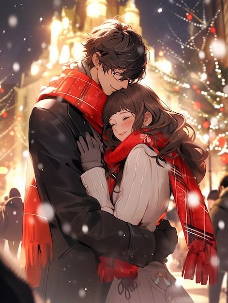 Premium Photo | Anime couple hugging in front of a christmas tree in a ...