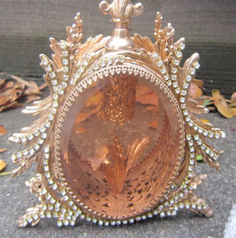 Old Vintage Vanity JEWELED Gilt Perfume Bottle Matson Beveled Peach