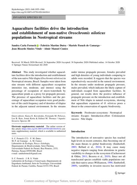 Aquaculture facilities drive the introduction and establishment of non-native Oreochromis ...