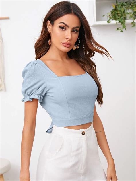 Shein Square Neck Puff Sleeve Tied Backless Top Backless Top Tops